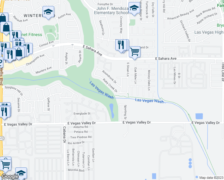 map of restaurants, bars, coffee shops, grocery stores, and more near 5697 Ruby Creek Drive in Las Vegas