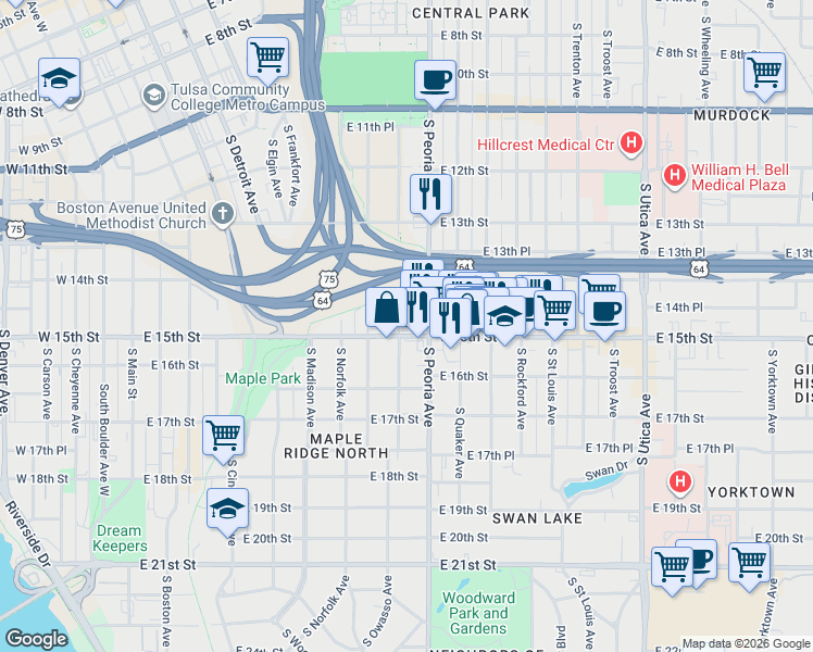 map of restaurants, bars, coffee shops, grocery stores, and more near in Tulsa