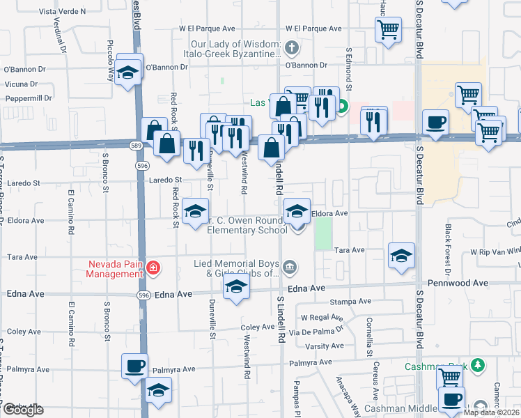 map of restaurants, bars, coffee shops, grocery stores, and more near 5580 Eldora Avenue in Las Vegas