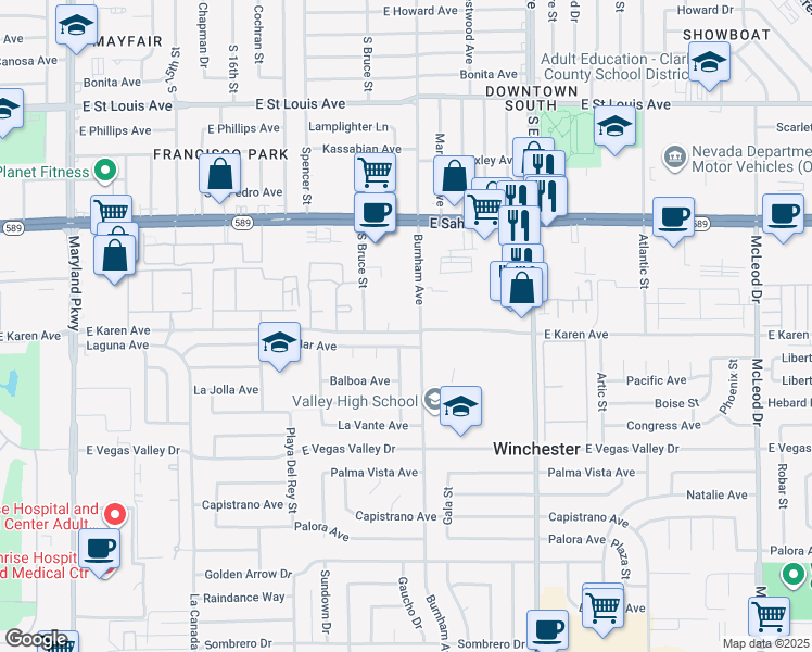 map of restaurants, bars, coffee shops, grocery stores, and more near 2080 Karen Avenue in Las Vegas