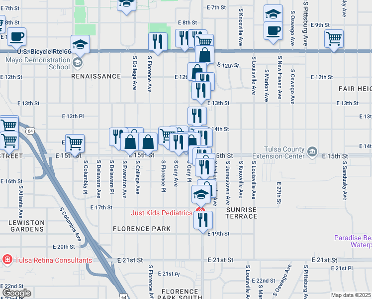 map of restaurants, bars, coffee shops, grocery stores, and more near 1440 South Gary Place in Tulsa