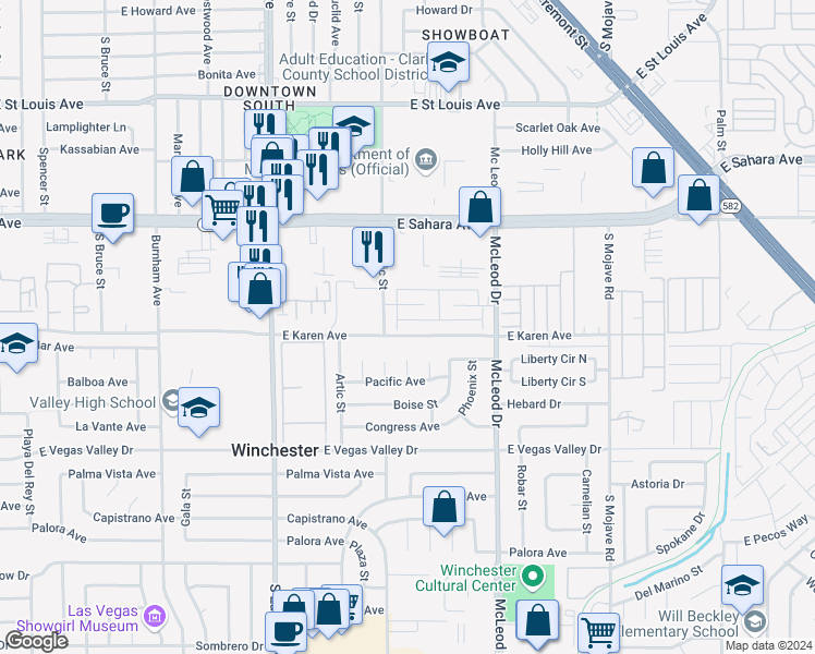 map of restaurants, bars, coffee shops, grocery stores, and more near 2680 Karen Avenue in Las Vegas
