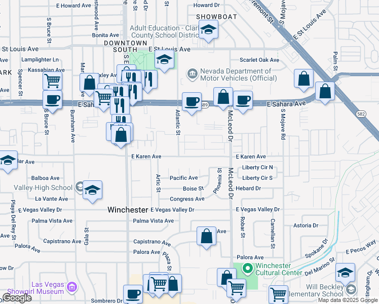 map of restaurants, bars, coffee shops, grocery stores, and more near 2680 Karen Avenue in Las Vegas