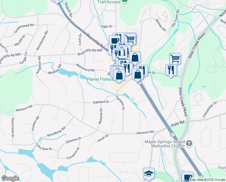 map of restaurants, bars, coffee shops, grocery stores, and more near 2806 Teakwood Court in Winston-Salem