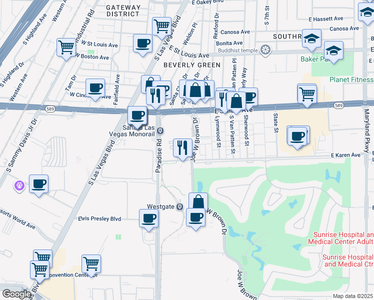 map of restaurants, bars, coffee shops, grocery stores, and more near 322 East Karen Avenue in Las Vegas