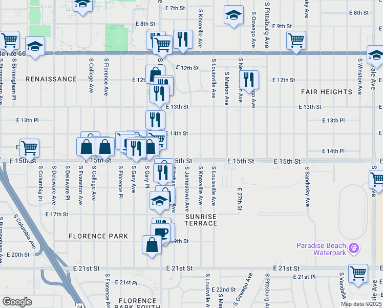 map of restaurants, bars, coffee shops, grocery stores, and more near 3507 East 15th Street in Tulsa