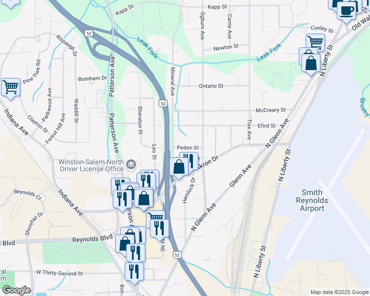 map of restaurants, bars, coffee shops, grocery stores, and more near 507 Peden Street in Winston-Salem