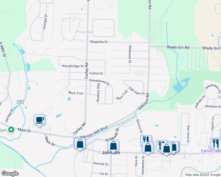 map of restaurants, bars, coffee shops, grocery stores, and more near 2610 Drexelwood Drive in Springdale