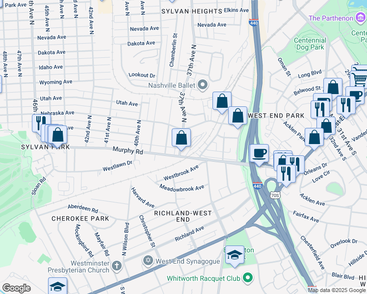 map of restaurants, bars, coffee shops, grocery stores, and more near 104 37th Avenue North in Nashville