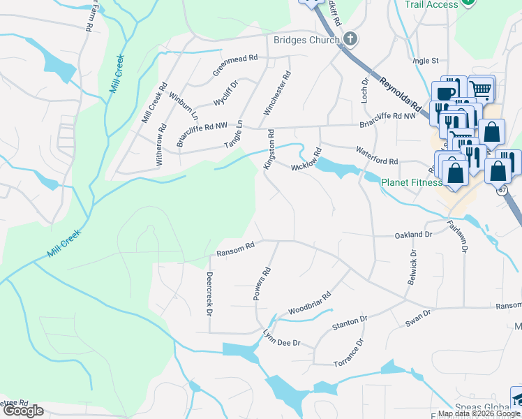 map of restaurants, bars, coffee shops, grocery stores, and more near 100 Malvern Court in Winston-Salem