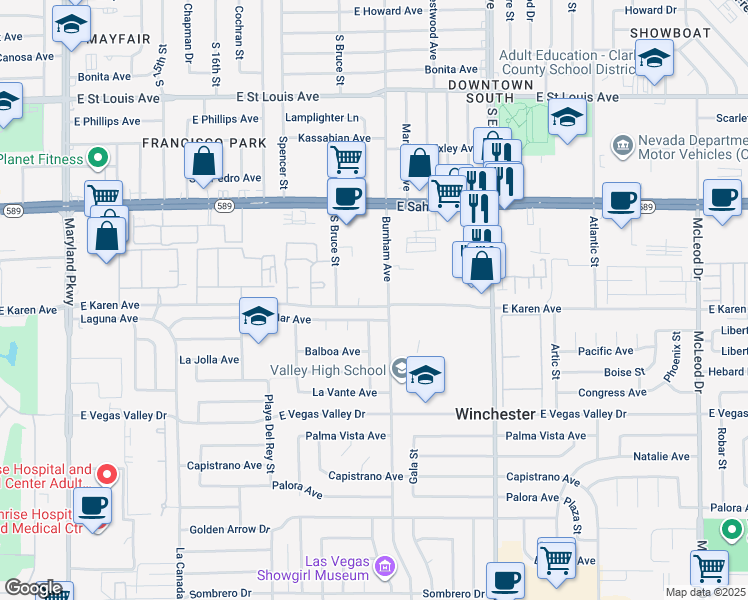 map of restaurants, bars, coffee shops, grocery stores, and more near 2080 Karen Avenue in Las Vegas