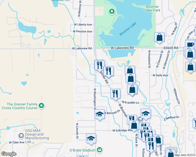 map of restaurants, bars, coffee shops, grocery stores, and more near 1833 North Washington Street in Stillwater