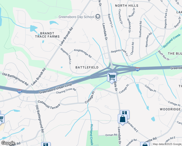 map of restaurants, bars, coffee shops, grocery stores, and more near 3317 Regents Park Lane in Greensboro