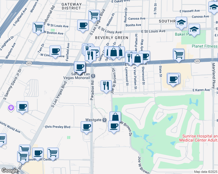 map of restaurants, bars, coffee shops, grocery stores, and more near 322 Karen Avenue in Las Vegas