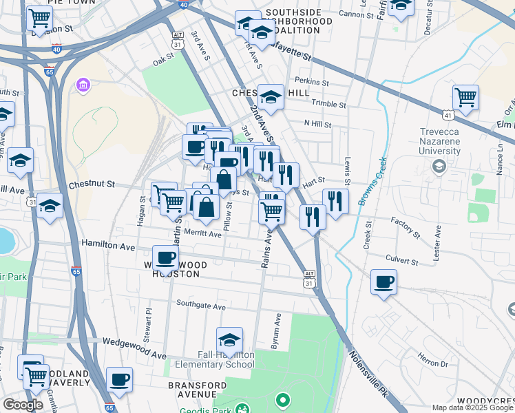 map of restaurants, bars, coffee shops, grocery stores, and more near 1300 Little Hamilton Avenue in Nashville