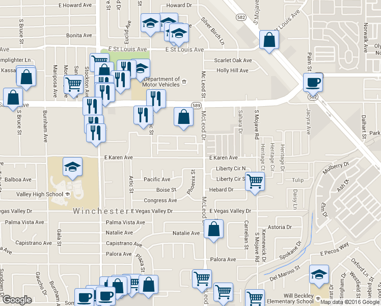 map of restaurants, bars, coffee shops, grocery stores, and more near 2852 Karen Avenue in Las Vegas
