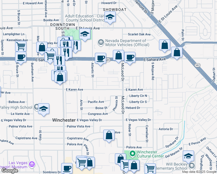 map of restaurants, bars, coffee shops, grocery stores, and more near 2852 Karen Avenue in Las Vegas