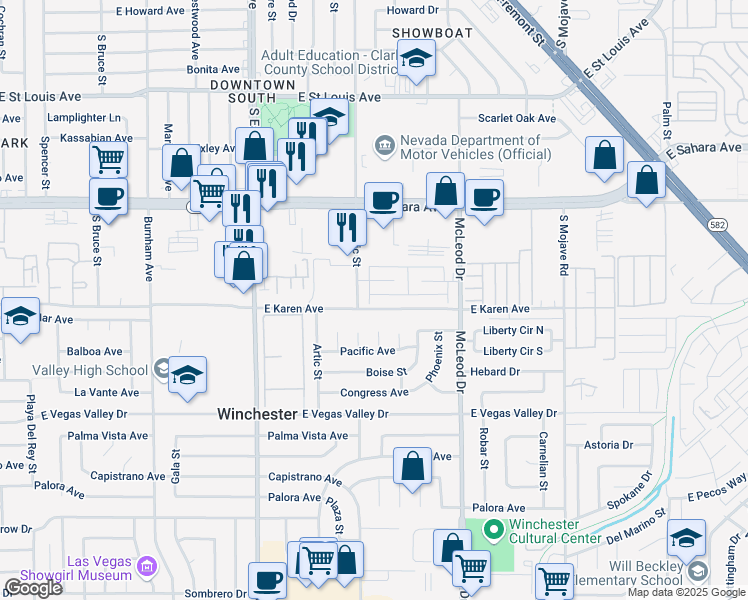 map of restaurants, bars, coffee shops, grocery stores, and more near 2722 Karen Avenue in Las Vegas