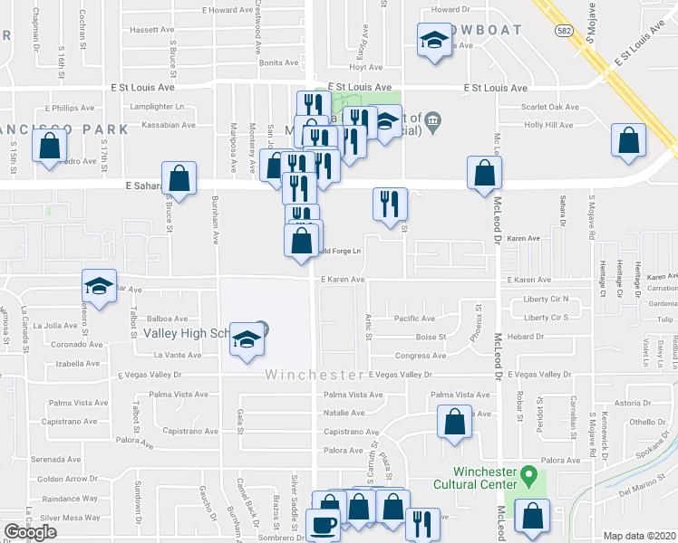 map of restaurants, bars, coffee shops, grocery stores, and more near 2451 Old Forge Lane in Las Vegas