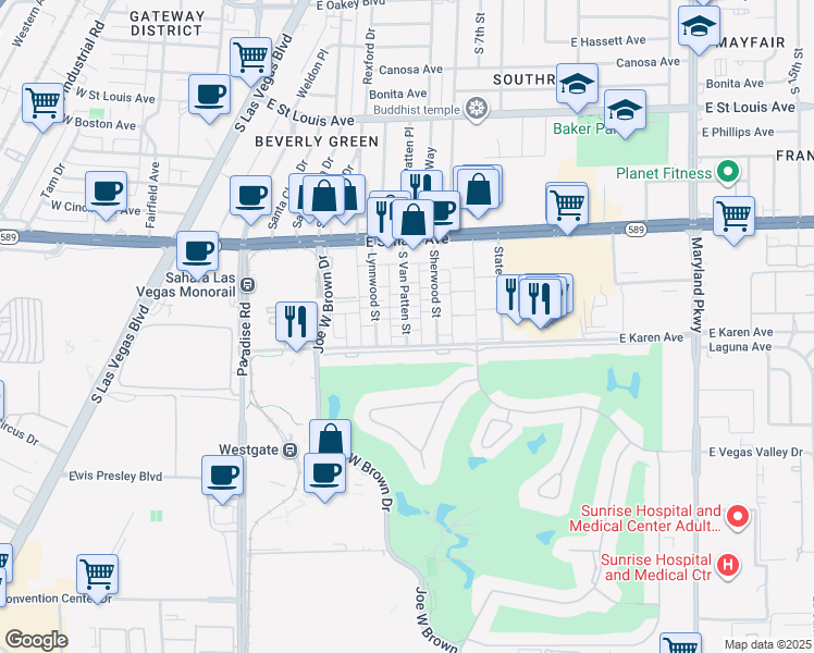 map of restaurants, bars, coffee shops, grocery stores, and more near 2646 Lynnwood Street in Las Vegas