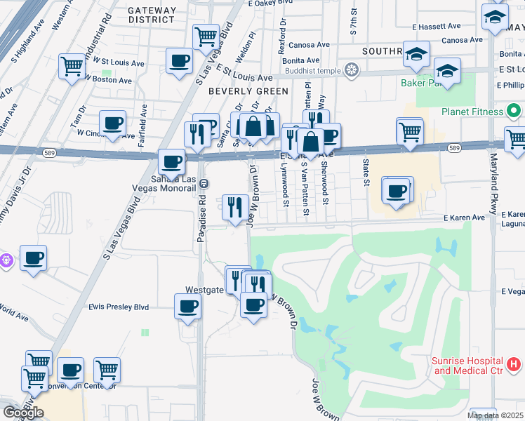 map of restaurants, bars, coffee shops, grocery stores, and more near 2658 Karen Court in Las Vegas