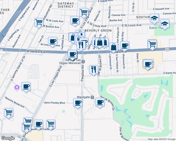map of restaurants, bars, coffee shops, grocery stores, and more near 222 East Karen Avenue in Las Vegas