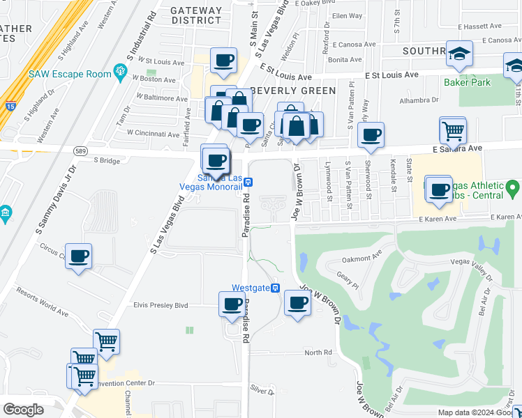 map of restaurants, bars, coffee shops, grocery stores, and more near 222 East Karen Avenue in Las Vegas