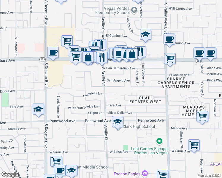 map of restaurants, bars, coffee shops, grocery stores, and more near 4309 San Joaquin Avenue in Las Vegas