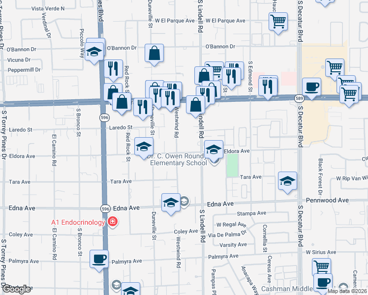 map of restaurants, bars, coffee shops, grocery stores, and more near 5580 Eldora Avenue in Las Vegas