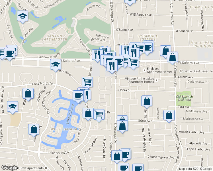 map of restaurants, bars, coffee shops, grocery stores, and more near 2627 South Durango Drive in Las Vegas