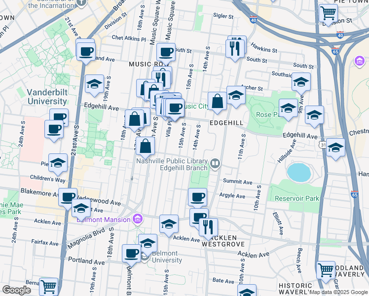 map of restaurants, bars, coffee shops, grocery stores, and more near 1301 14th Avenue South in Nashville