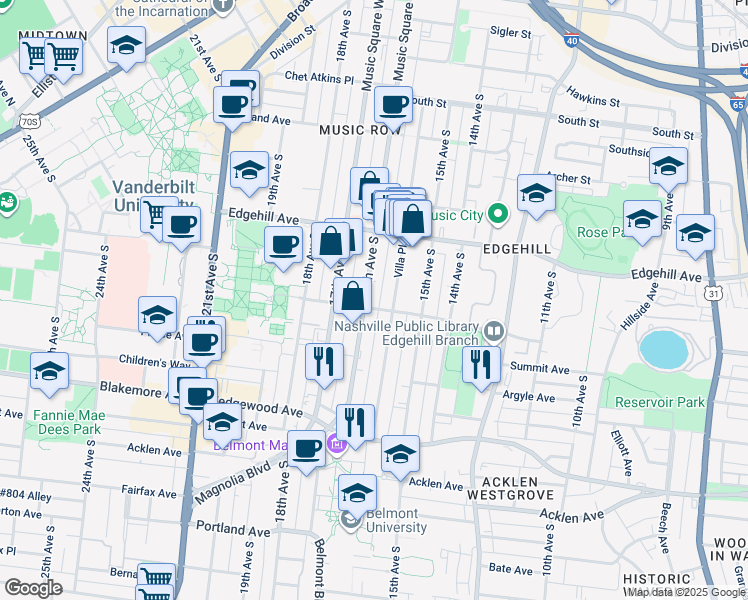 map of restaurants, bars, coffee shops, grocery stores, and more near in Nashville