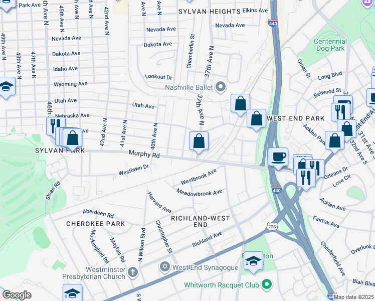 map of restaurants, bars, coffee shops, grocery stores, and more near 105 38th Avenue North in Nashville