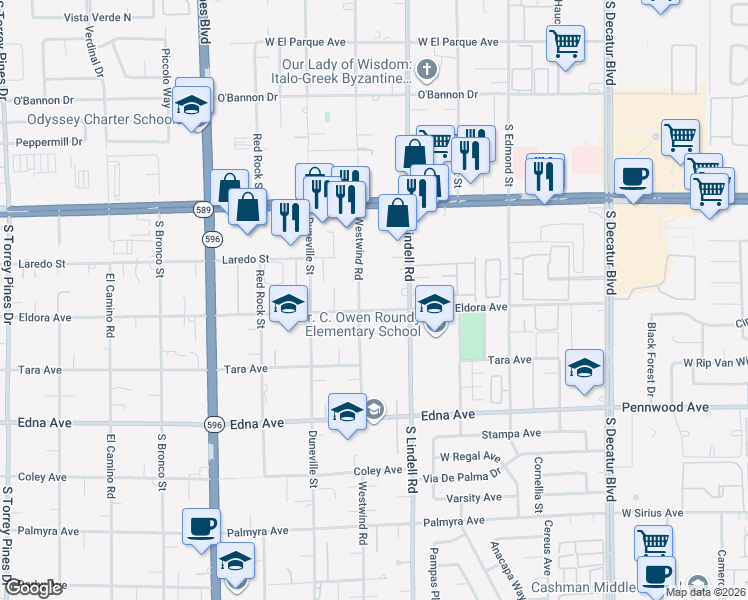 map of restaurants, bars, coffee shops, grocery stores, and more near 5610 Eldora Avenue in Las Vegas