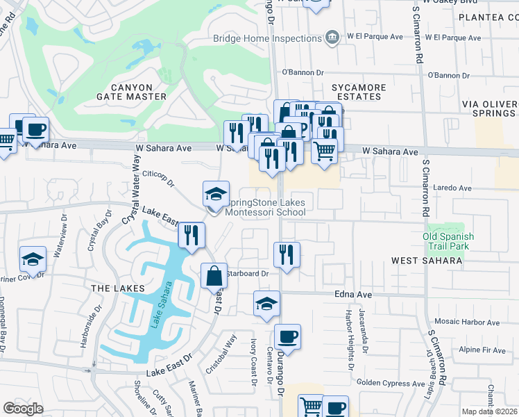 map of restaurants, bars, coffee shops, grocery stores, and more near 2627 South Durango Drive in Las Vegas