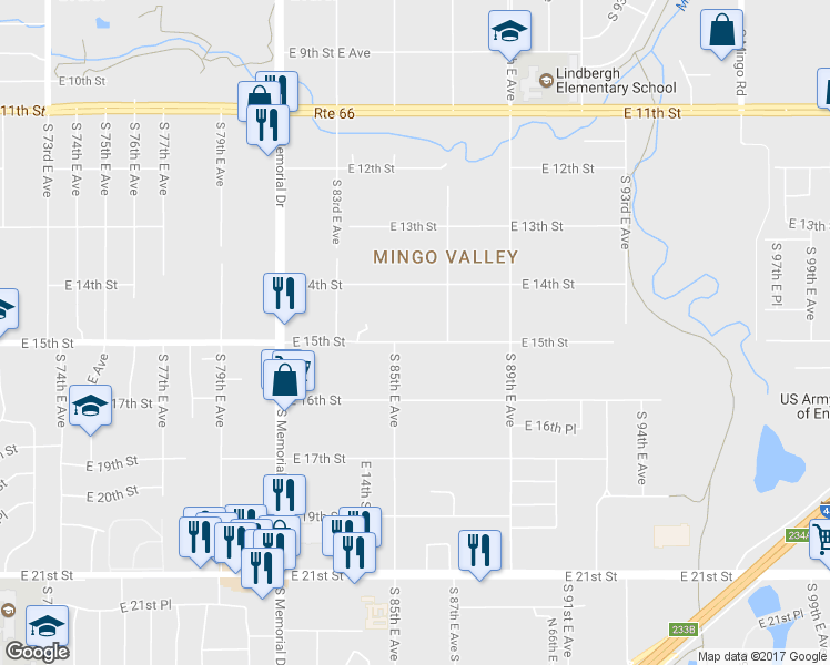 map of restaurants, bars, coffee shops, grocery stores, and more near 8521 East 15th Street in Tulsa