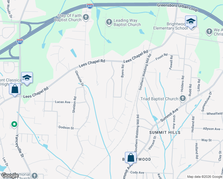 map of restaurants, bars, coffee shops, grocery stores, and more near 4710 Byers Ridge Drive in Greensboro