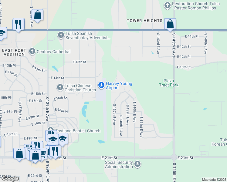 map of restaurants, bars, coffee shops, grocery stores, and more near 13605 East 15th Street in Tulsa