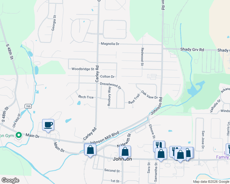 map of restaurants, bars, coffee shops, grocery stores, and more near 4904 Hawthorne Way in Springdale