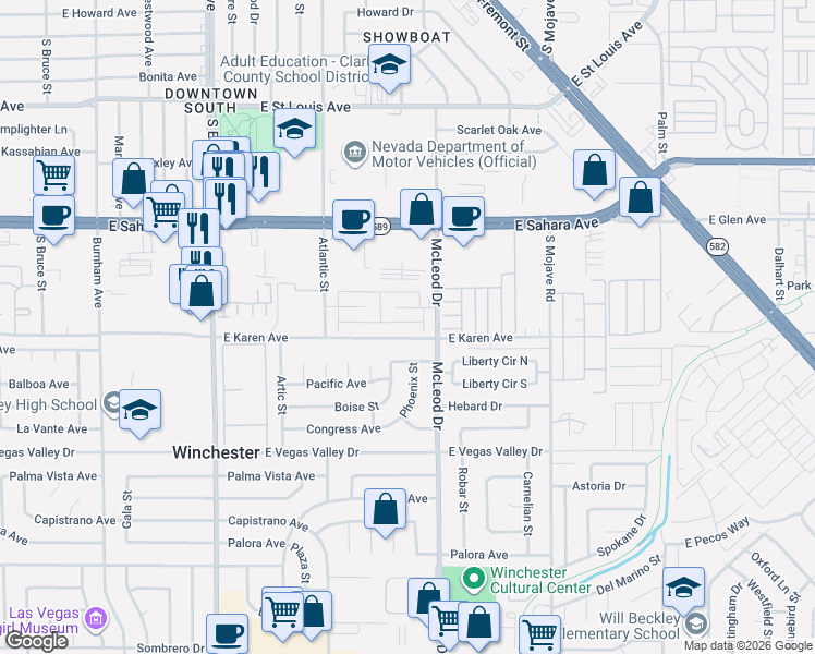 map of restaurants, bars, coffee shops, grocery stores, and more near 2894 Karen Avenue in Las Vegas