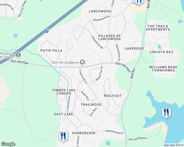 map of restaurants, bars, coffee shops, grocery stores, and more near 3206 Cedar Ridge Road in Nashville
