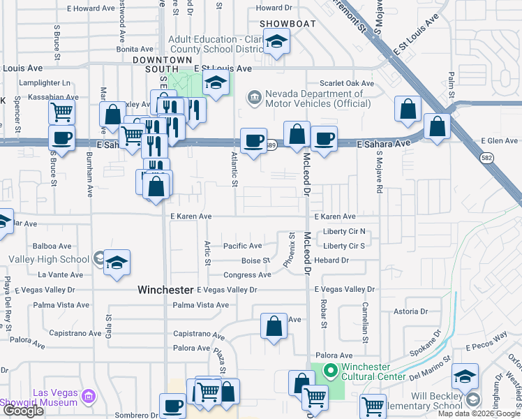 map of restaurants, bars, coffee shops, grocery stores, and more near 2744 Karen Avenue in Las Vegas