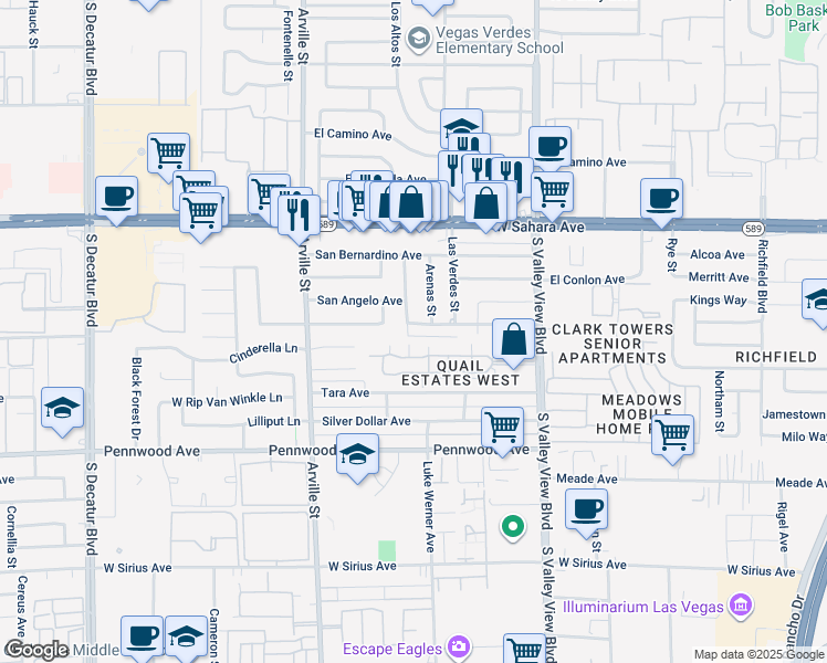 map of restaurants, bars, coffee shops, grocery stores, and more near 4029 San Joaquin Avenue in Las Vegas