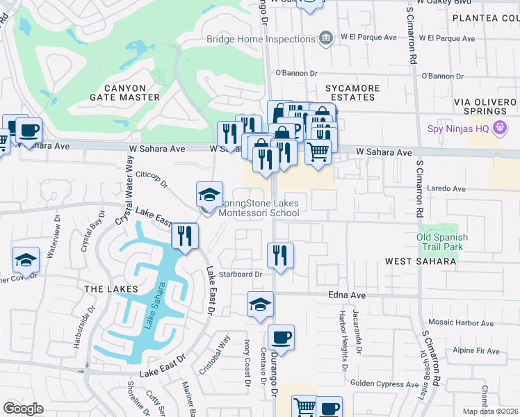 map of restaurants, bars, coffee shops, grocery stores, and more near 2641 South Durango Drive in Las Vegas
