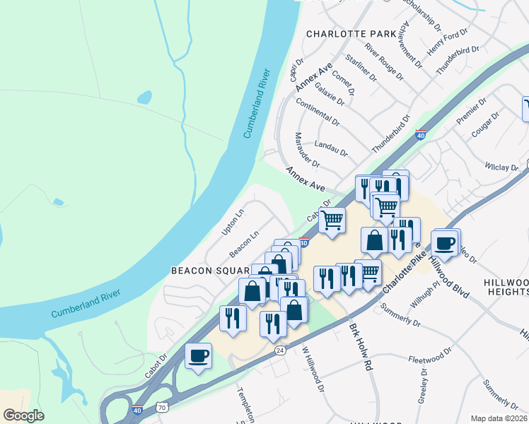 map of restaurants, bars, coffee shops, grocery stores, and more near 6521 Upton Lane in Nashville