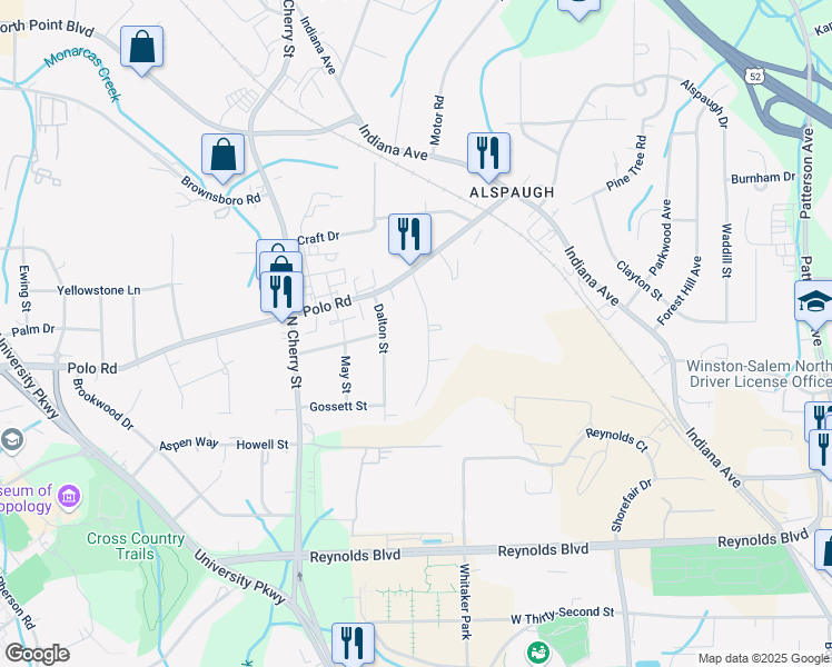 map of restaurants, bars, coffee shops, grocery stores, and more near 4036 Reich Street in Winston-Salem