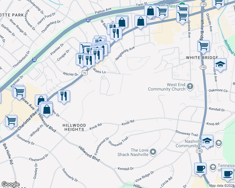 map of restaurants, bars, coffee shops, grocery stores, and more near 1230 Watts Terrace in Nashville