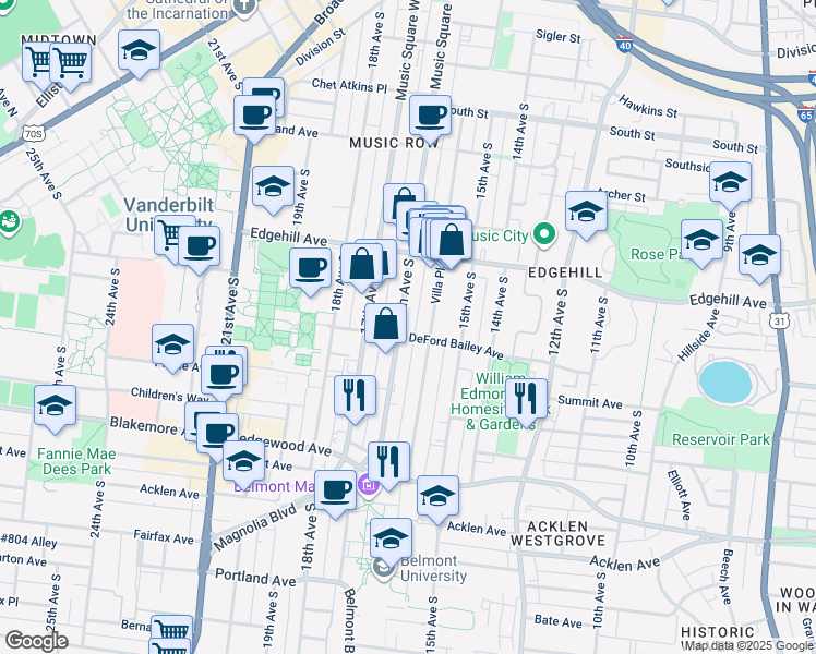 map of restaurants, bars, coffee shops, grocery stores, and more near 1520 DeFord Bailey Avenue in Nashville