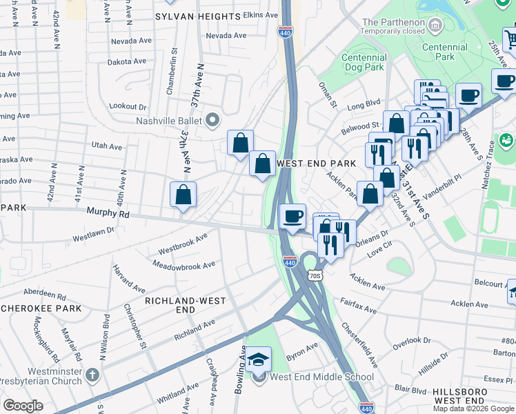 map of restaurants, bars, coffee shops, grocery stores, and more near 413 Park Circle in Nashville