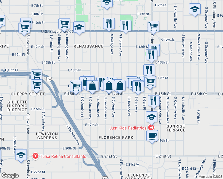 map of restaurants, bars, coffee shops, grocery stores, and more near 1438 South College Avenue in Tulsa